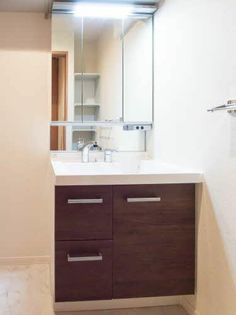 シャーメゾングレイスの三面鏡付き独立洗面台あり。